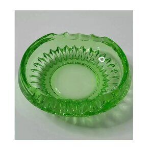 Trinket Dish Ashtray Green Glass Round Heavy Approx. 6" Home Decor Collectible